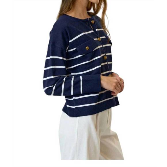 NEW LALAVON stripe cardigan in navy - Picture 3 of 3